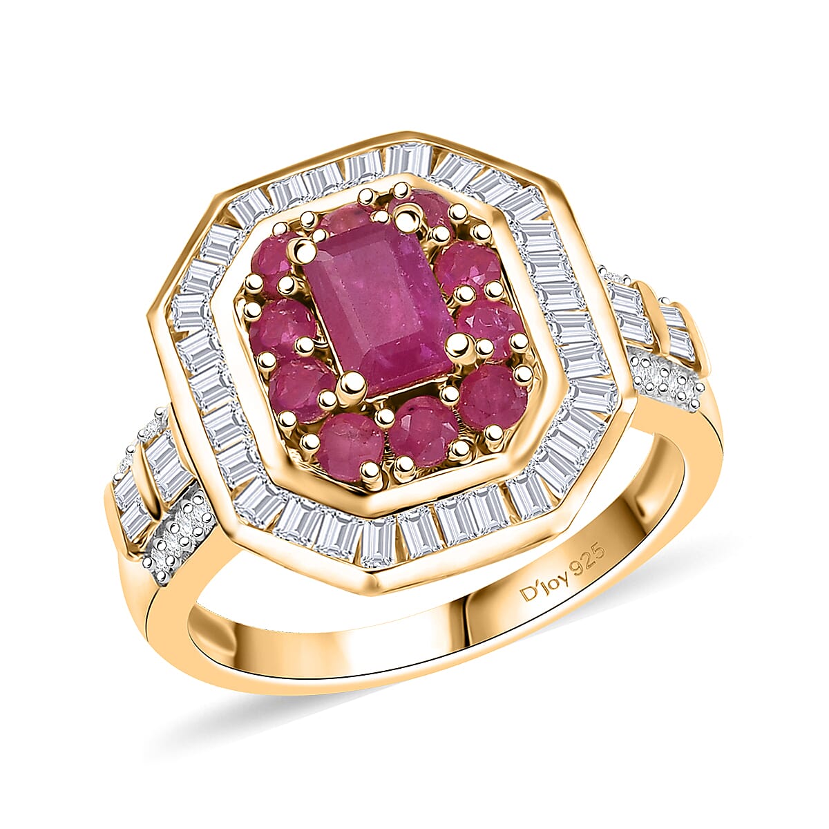 D’Joy Premium Mozambique Ruby, Moissanite Deco Dynasty Ring in 18K Vermeil YG Over Sterling Silver (Size 10.0) 2.25 ctw