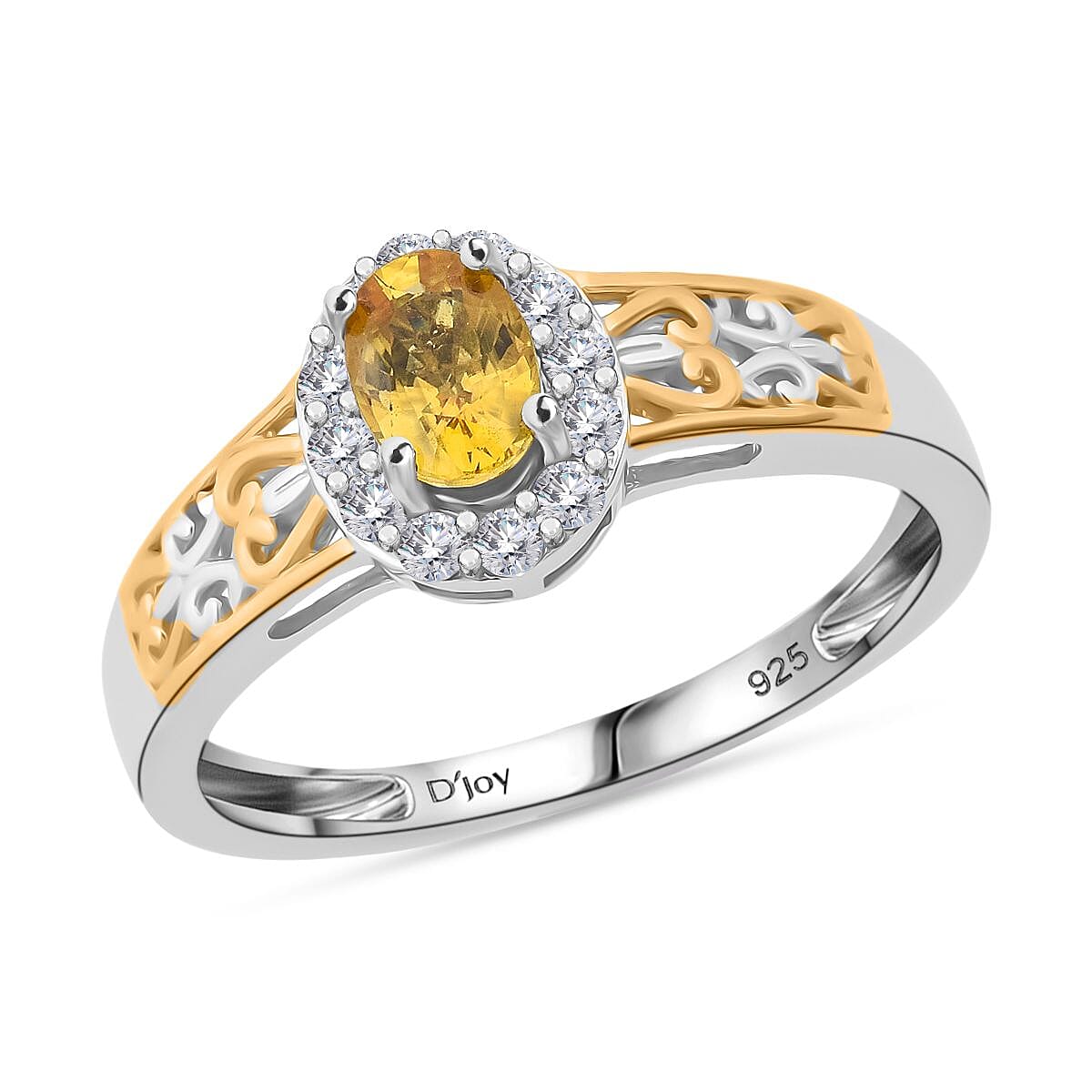 D'Joy Madagascar Yellow Sapphire and White Zircon 0.85 ctw Ring in 18K Vermeil YG and Rhodium Over Sterling Silver (Size 8.0)