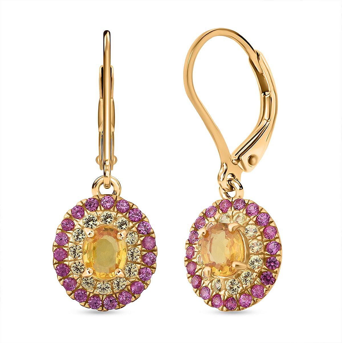 D'Joy Madagascar Yellow Sapphire and Pink Sapphire 1.75 ctw Solstice Royale Earrings in 18K Vermeil Yellow Gold Over Sterling Silver