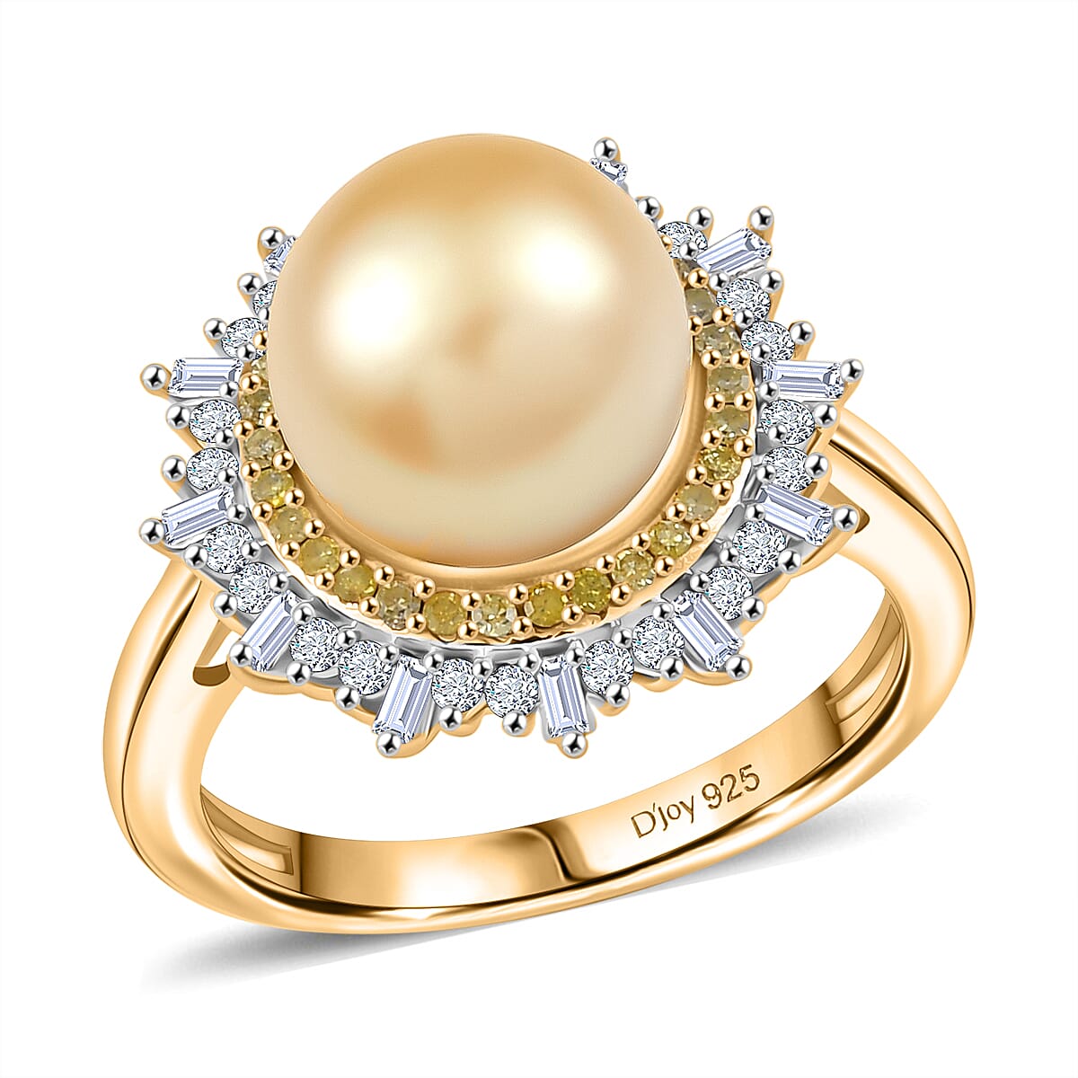D’Joy Golden South Sea Pearl, Natural Yellow and White Diamond Ring in 18K Vermeil YG Over Sterling Silver (Size 10.0) 9.20 ctw