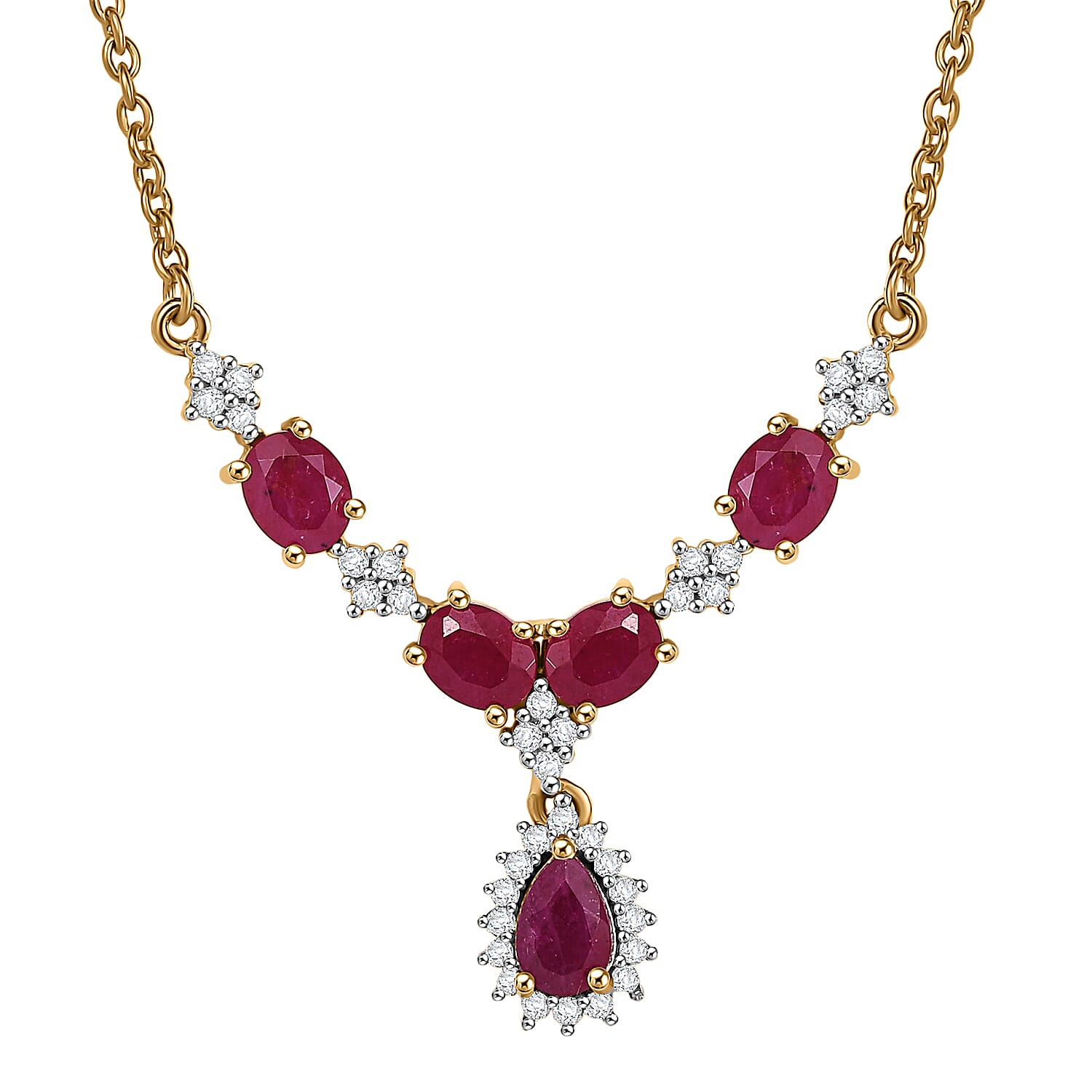 D'Joy Premium Montepuez Ruby and White Zircon 2.75 ctw Crown Blossom Necklace 18 Inches in 18K Vermeil Yellow Gold Over Sterling Silver