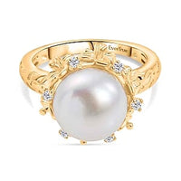 EverTrue Freshwater Pearl, White Zircon Ring in 18K YG Plated (Size 8.0) 0.15 ctw