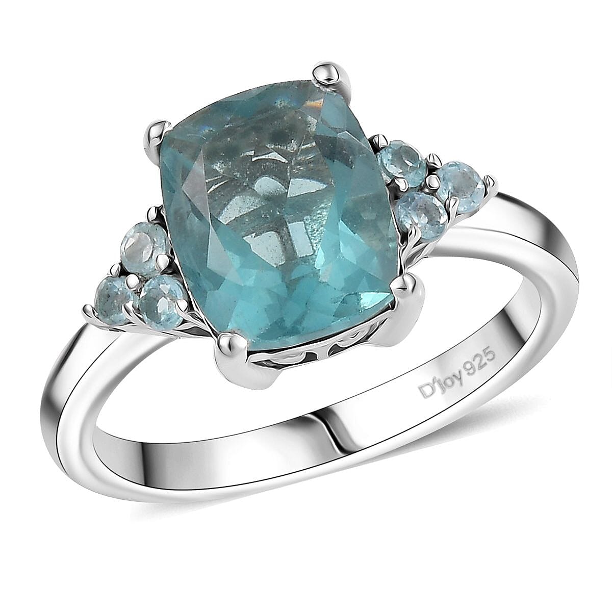D'Joy Dean Teal Fluorite (IR) and Blue Apatite Bubbles 3.60 ctw Ring in Platinum Over Sterling Silver