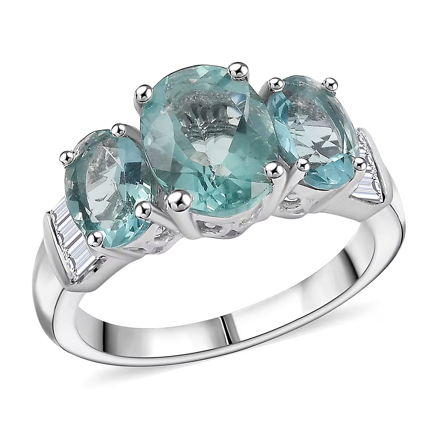 D'Joy Dean Teal Fluorite (IR), White Topaz 3 Stone Ring in Platinum Over Sterling Silver (Size 10.0) 4.70 ctw