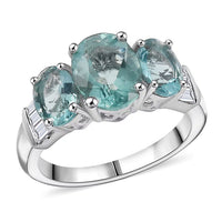 D'Joy Dean Teal Fluorite (IR), White Topaz 3 Stone Ring in Platinum Over Sterling Silver (Size 10.0) 4.70 ctw