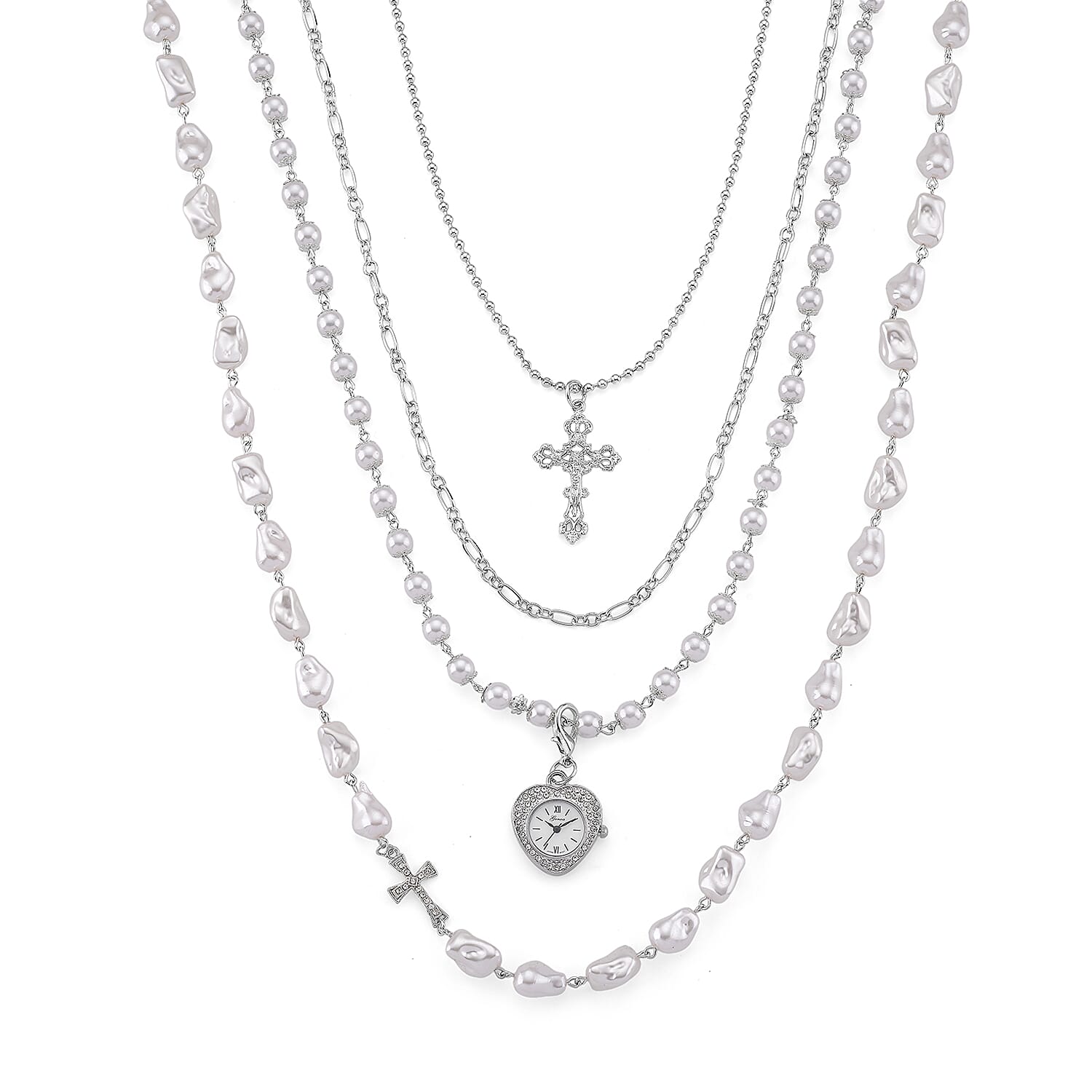 Genoa Austrian Crystal and Simulated Pearl Japanese Movement Pocket Watch with 3 Layer Chain (17, 24 and 34 Inches)