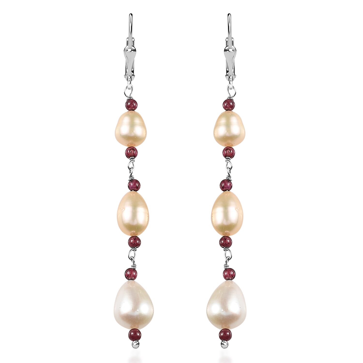 D'Joy Multi Color Freshwater Pearl and Mozambique Garnet 2.00 ctw Earrings in Rhodium Over Sterling Silver