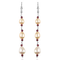 D'Joy Multi Color Freshwater Pearl and Mozambique Garnet 2.00 ctw Earrings in Rhodium Over Sterling Silver