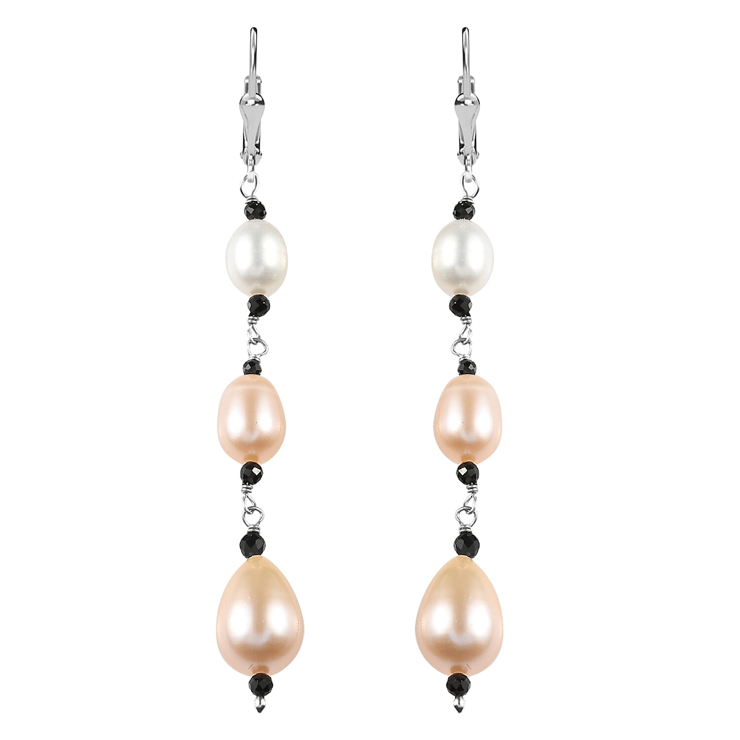 D'Joy Multi Color Freshwater Pearl and Thai Black Spinel 1.20 ctw Earrings in Rhodium Over Sterling Silver