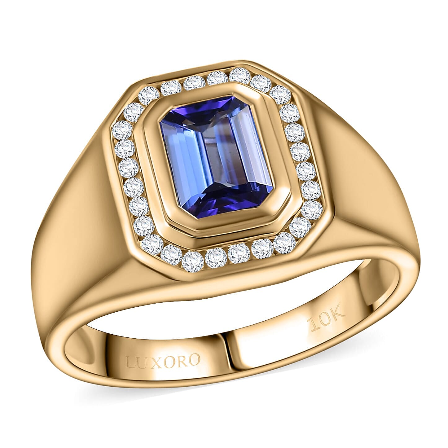 Luxoro 10K Yellow Gold AAA Tanzanite, White Diamond (I2) (0.28 cts) Men's Ring (Size 10.0) (6.34 g) 1.80 ctw