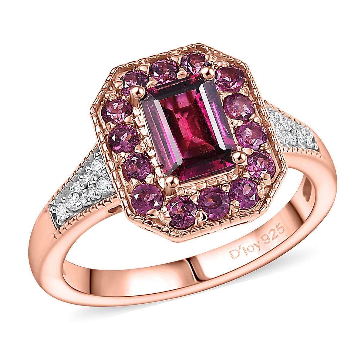 D’Joy AAA Radiant Ember Garnet, White Zircon Ring in 18K Vermeil RG Over Sterling Silver (Size 6.0) 2.15 ctw