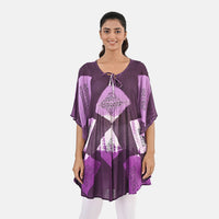 Purple Rayon Crepe Tie Dye Block Print Kaftan with Necktie - One Size Fits Most