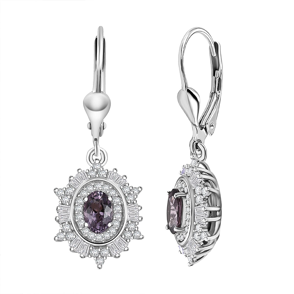 D'Joy Royal Lavender Spinel and Moissanite 2.15 ctw Regal Spark Earrings in Rhodium Over Sterling Silver
