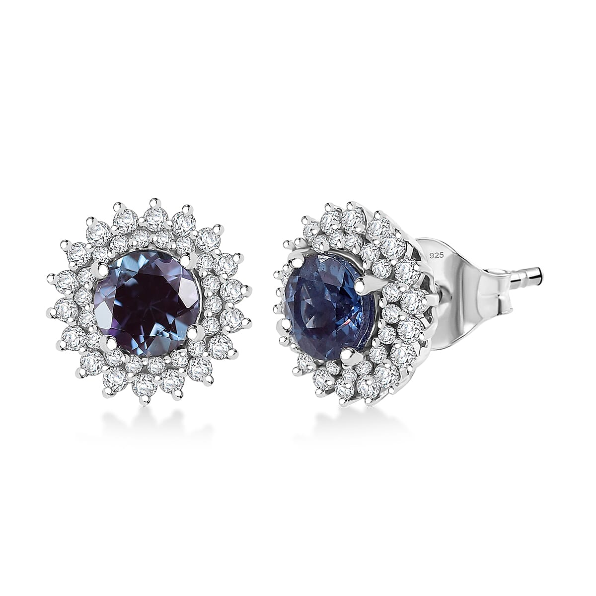 Luxuriant Lab Grown Alexandrite and White Zircon 2.20 ctw Daybreak Halo Earrings in Rhodium Over Sterling Silver