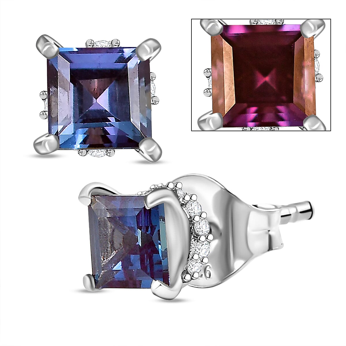 D'Joy Premium Lab Grown Alexandrite and Moissanite 1.80 ctw Art Deco Earrings in Rhodium Over Sterling Silver