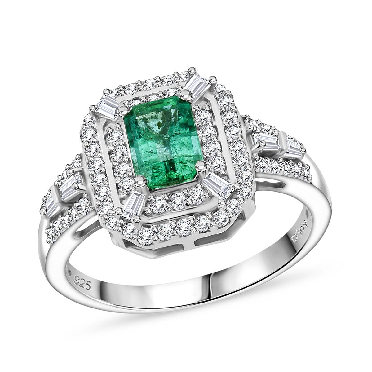 D'Joy Premium Kagem Zambian Emerald and Moissanite 1.70 ctw Imperial Radiance Ring in Rhodium Over Sterling Silver