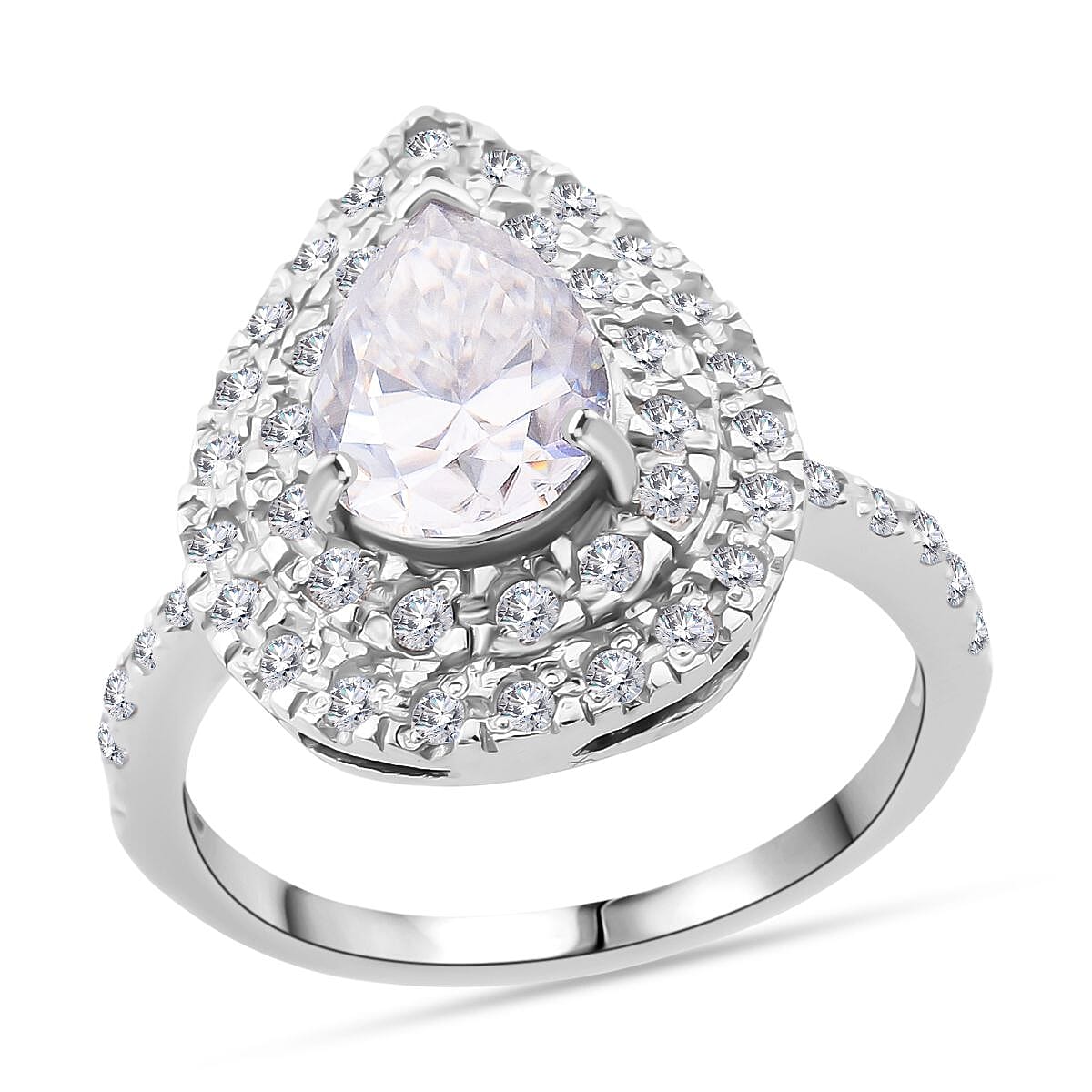 D'Joy Moissanite (Pear 10x7mm) Ring in Rhodium Over Sterling Silver (Size 10.0) 2.64 ctw