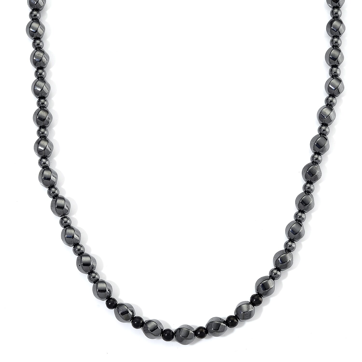 Shungite and Hematite 480.00 ctw Beaded Carved Necklace in Silvertone 20 Inches
