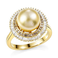 D'Joy South Sea Golden Cultured Pearl 9-11mm, Yellow Diamond (IR), Diamond Ring in 18K Vermeil YG Over Sterling Silver (Size 10.0) 0.50 ctw