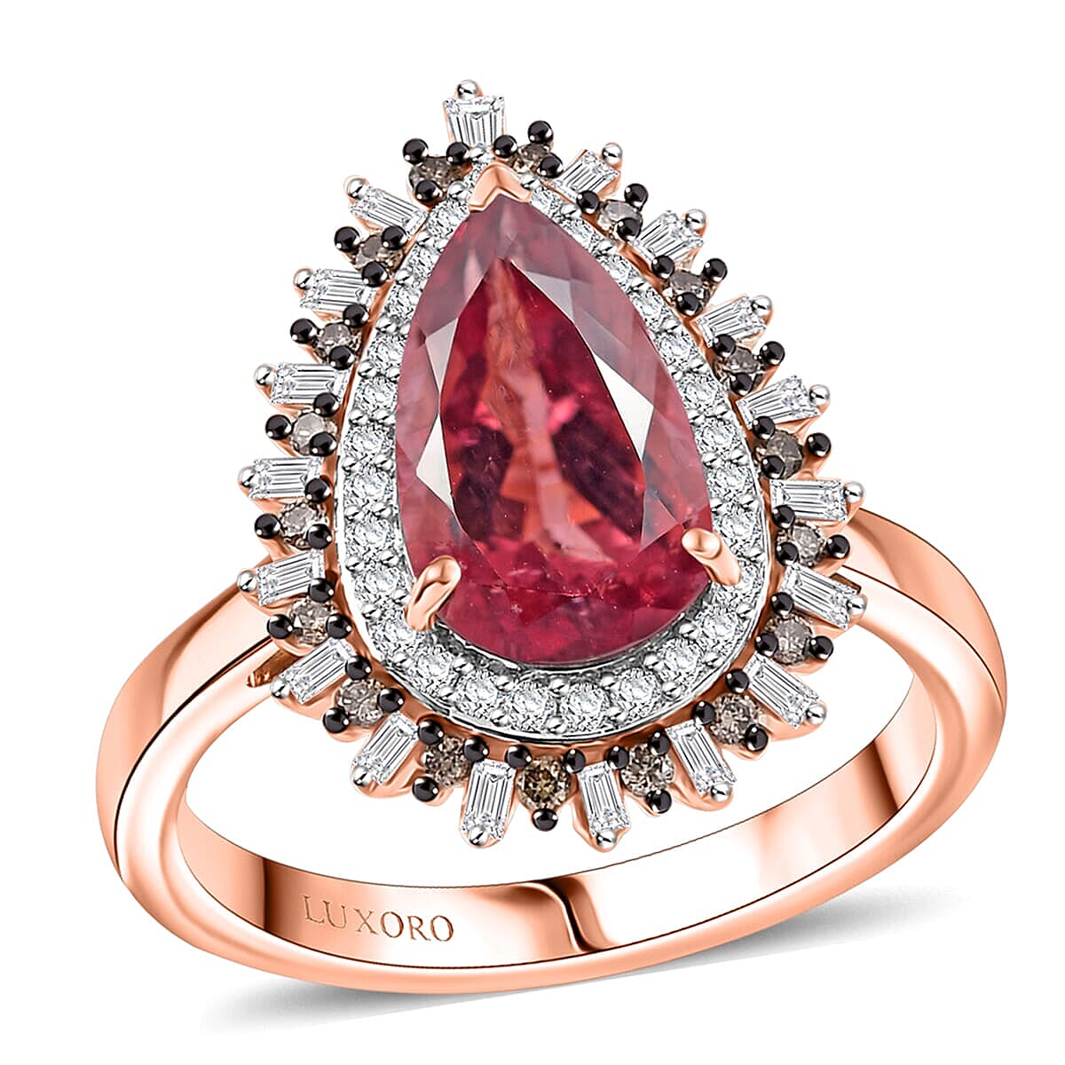 Luxoro AAA Red Apatite and I2 Natural Champagne and Diamond 3.00 ctw Fire Crackers Ring in 10K Rose Gold