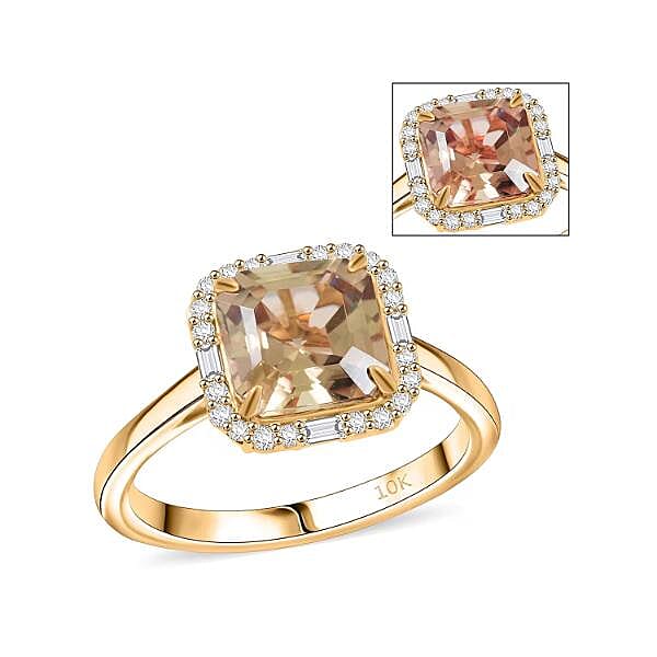 Luxoro AAA Asscher Cut Turkizite and Diamond G-H I2 3.45 ctw Ring in 10K Yellow Gold