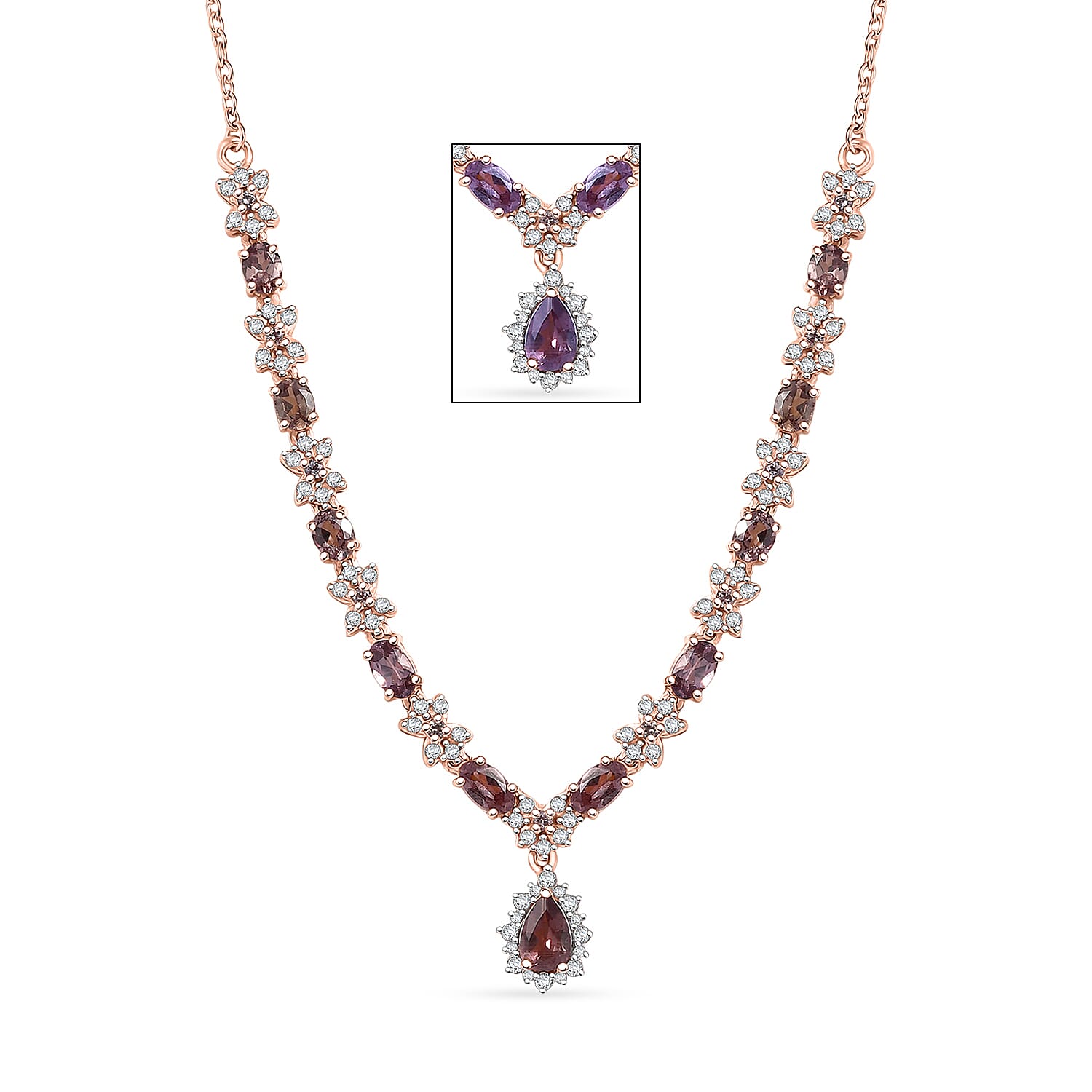 D'Joy Madagascar Color Change Garnet and White Zircon 4.25 ctw Floral Necklace 18 Inches in 18K Vermeil Rose Gold Over Sterling Silver