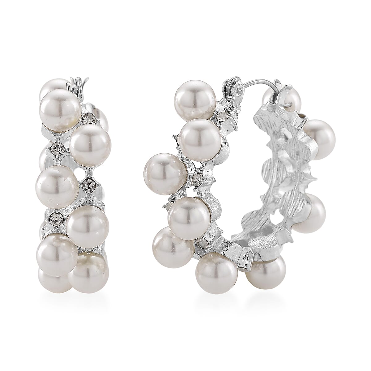 White Shell Pearl, Austrian Crystal Hoop Earrings in Silvertone