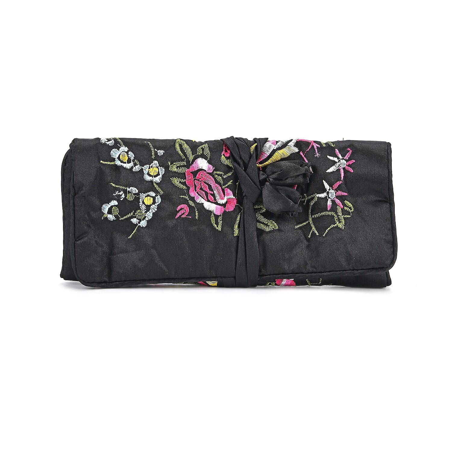 Royal Blue Floral Embroidery Pattern Satin Travel Jewelry Roll Organizer