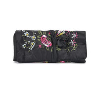 Royal Blue Floral Embroidery Pattern Satin Travel Jewelry Roll Organizer