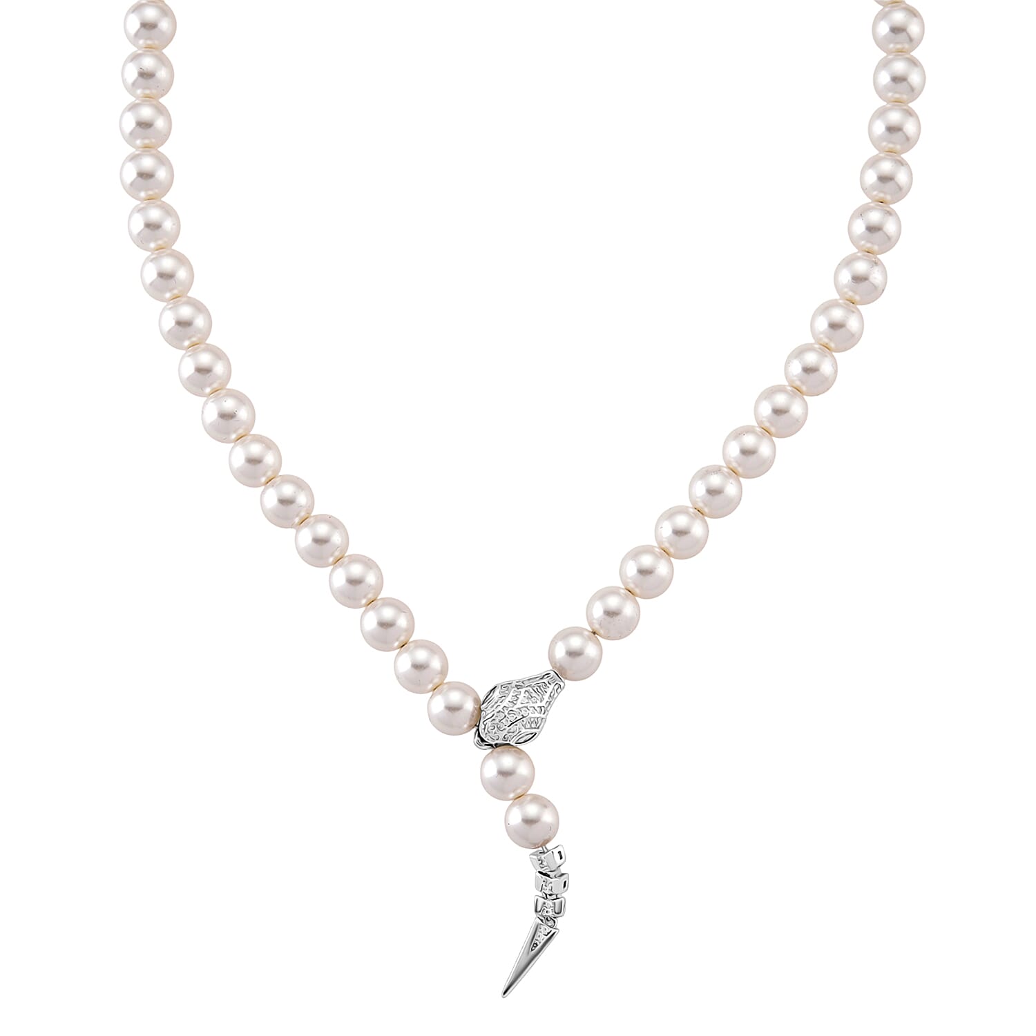 White Shell Pearl, Simulated Diamond Necklace (20 Inches) in Silvertone 1.50 ctw