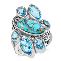 Sajen Silver Recon Turquoise and Celestial Swiss Blue Doublet Quartz Ring in Rhodium Over Sterling Silver
