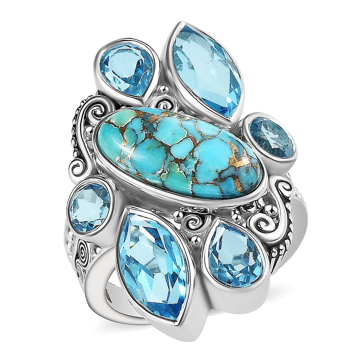 Epic Deal Sajen Silver Royston Turquoise, Celestial Swiss Blue Doublet Quartz Ring in Rhodium Over Sterling Silver (Size 5.0) 10.75 ctw