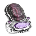 Sajen Silver African Amethyst Carved Buddha 22.90 ctw Ring in Rhodium Over Sterling Silver - Sticky add to cart bar