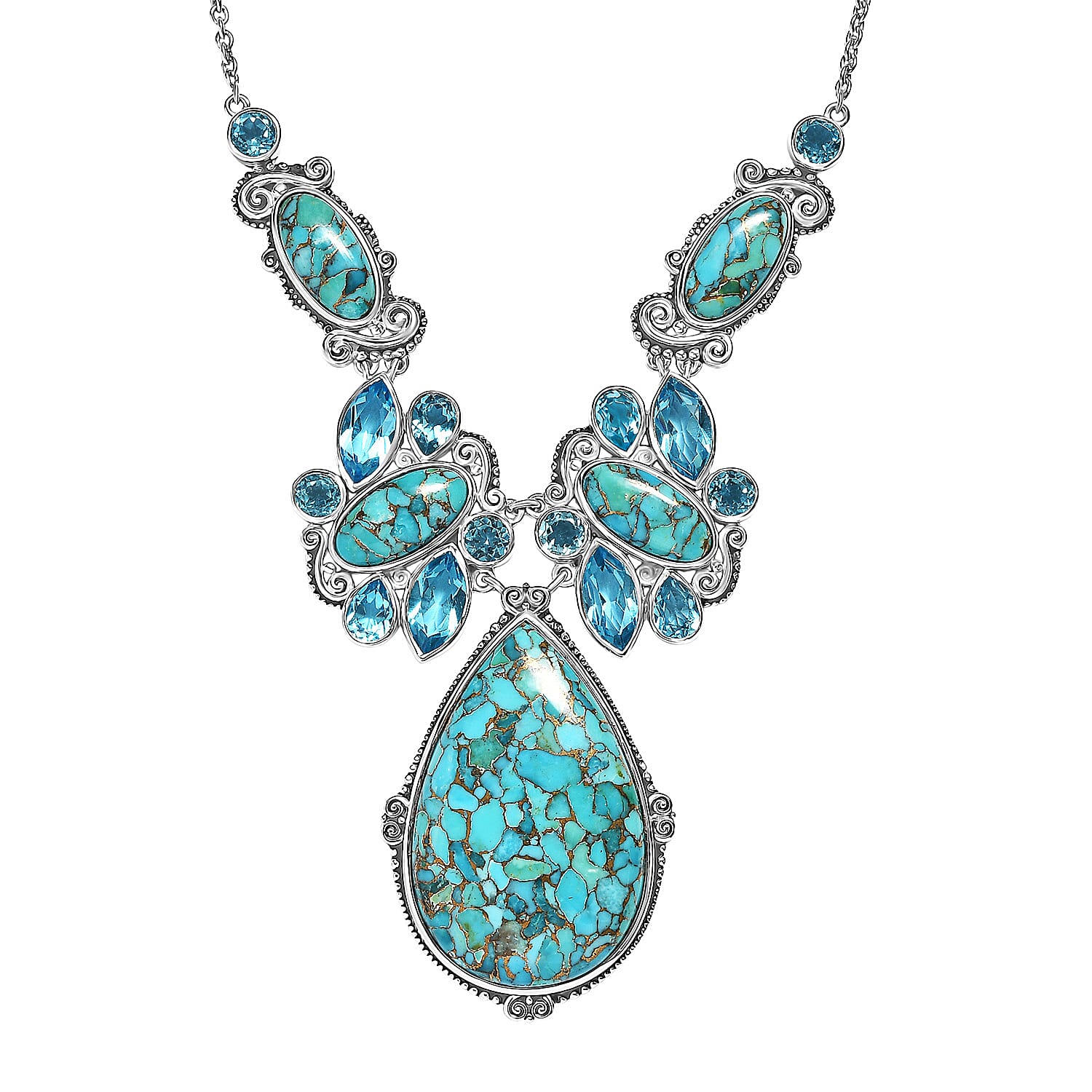 Sajen Silver Recon Turquoise and Celestial Swiss Blue Doublet Quartz 83.90 ctw Necklace 18 Inches in Rhodium Over Sterling Silver