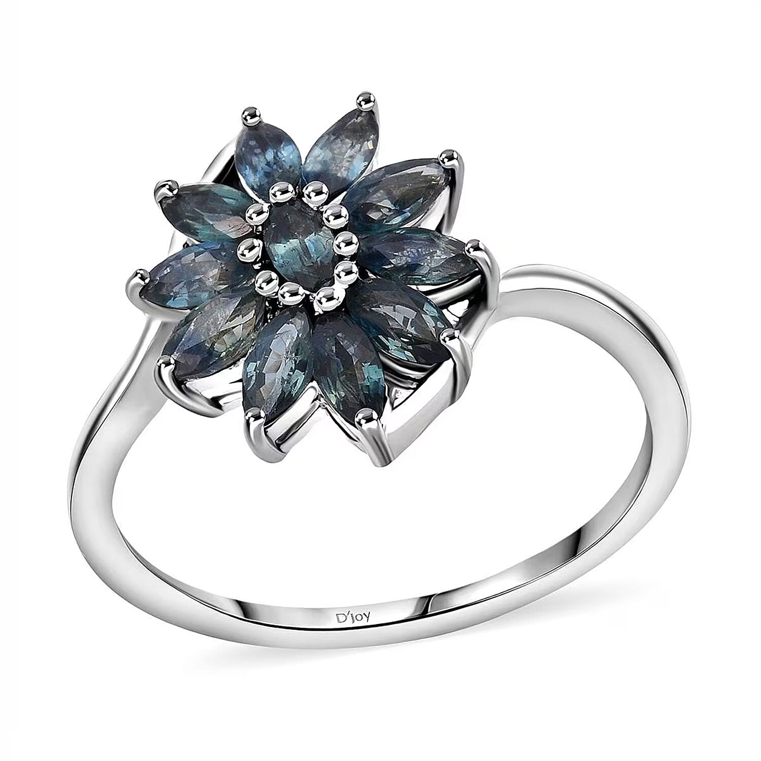D'Joy Australian Sapphire Twilight Blossom Ring in Rhodium Over Sterling Silver (Size 10.0) 1.15 ctw