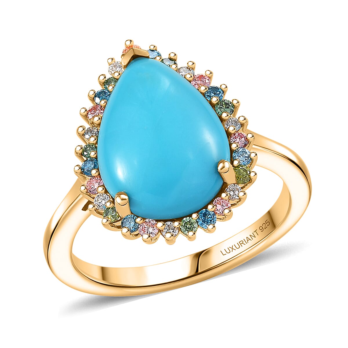 Premium Sleeping Beauty Turquoise and SI Luxuriant Lab Grown Multi Diamond 5.25 ctw Ring in 18K Vermeil Yellow Gold Over Sterling Silver (Size 10.0)