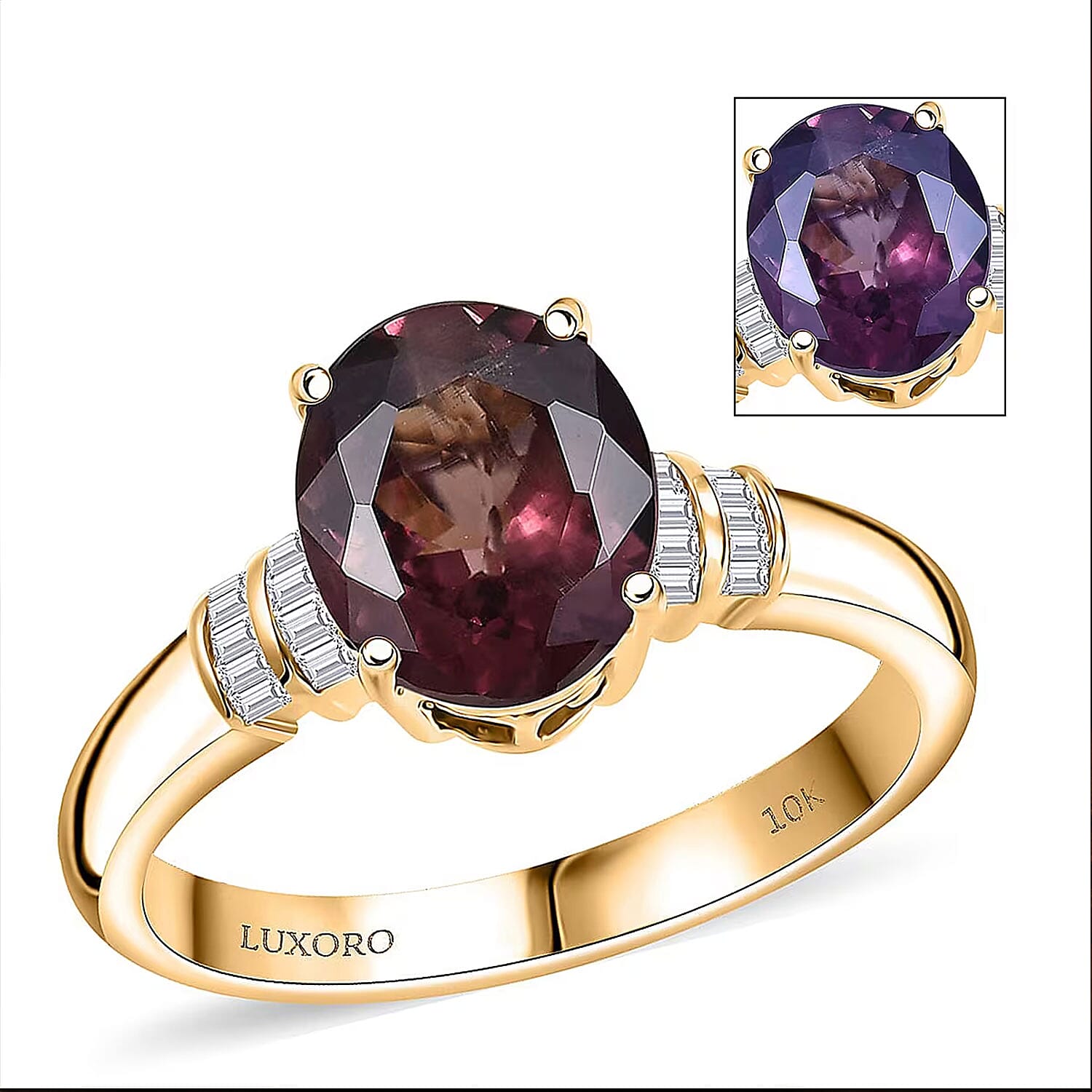 Luxoro 10K Yellow Gold Premium Madagascar Color Change Garnet, Diamond (I2) Ring (Size 10.0) 2.90 ctw