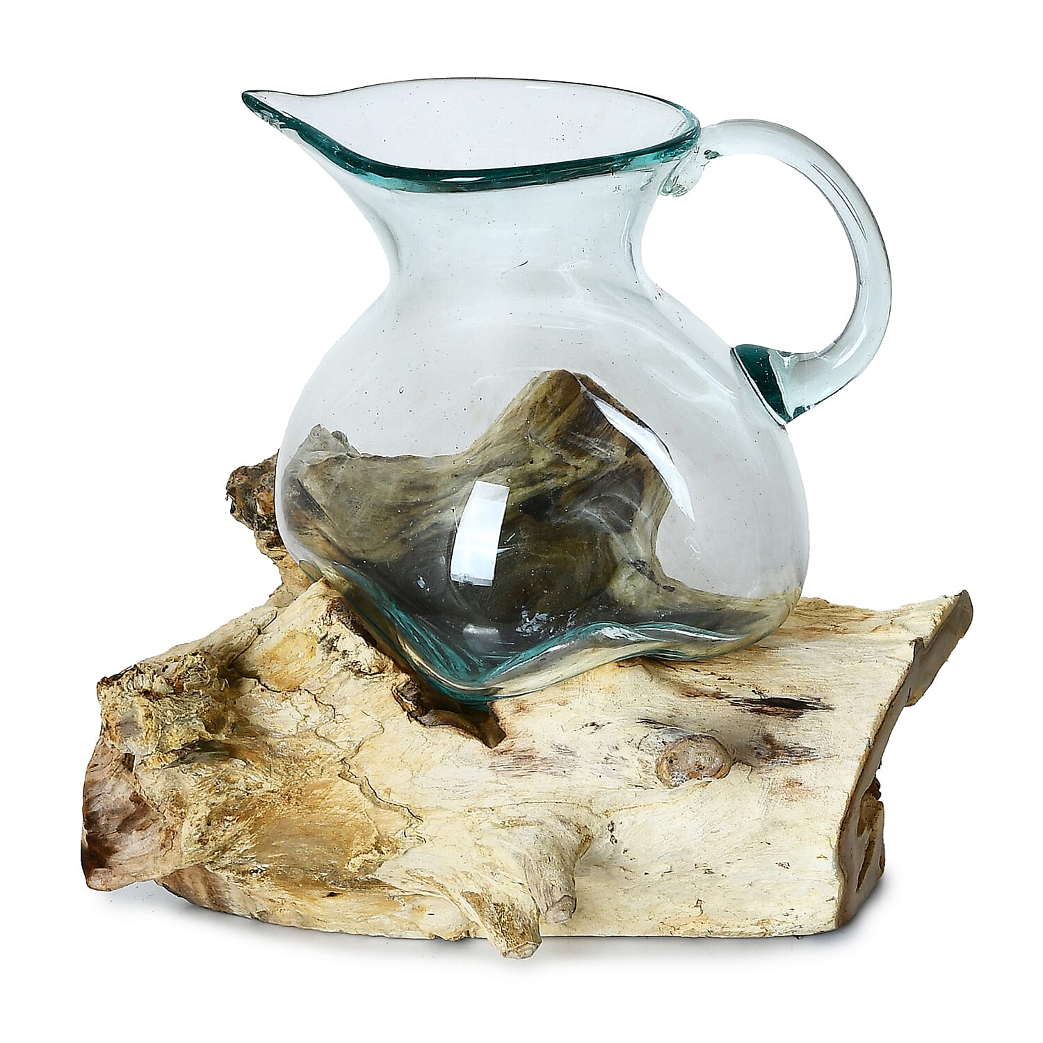 Artisan Glass Pitcher on Natural Wood Base