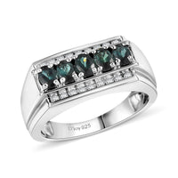 D'Joy Premium Monte Belo Indicolite, White Zircon Men's Ring in Rhodium Over Sterling Silver (Size 10.0) 1.30 ctw