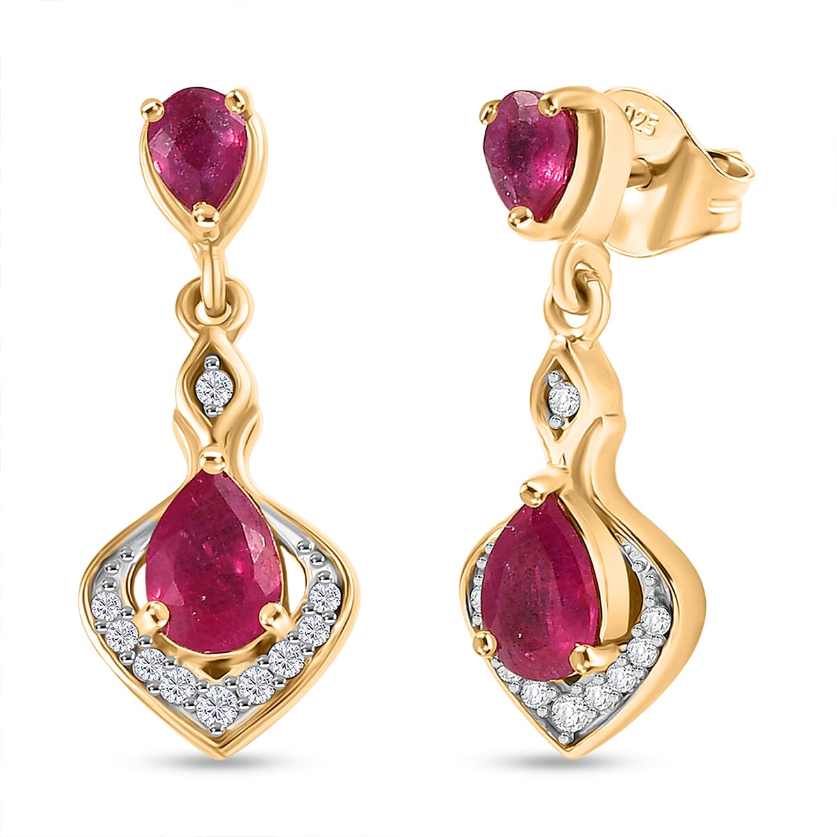 D’joy African Ruby (FF) and White Zircon 1.80 ctw Earrings in 18K Vermeil Yellow Gold Over Sterling Silver