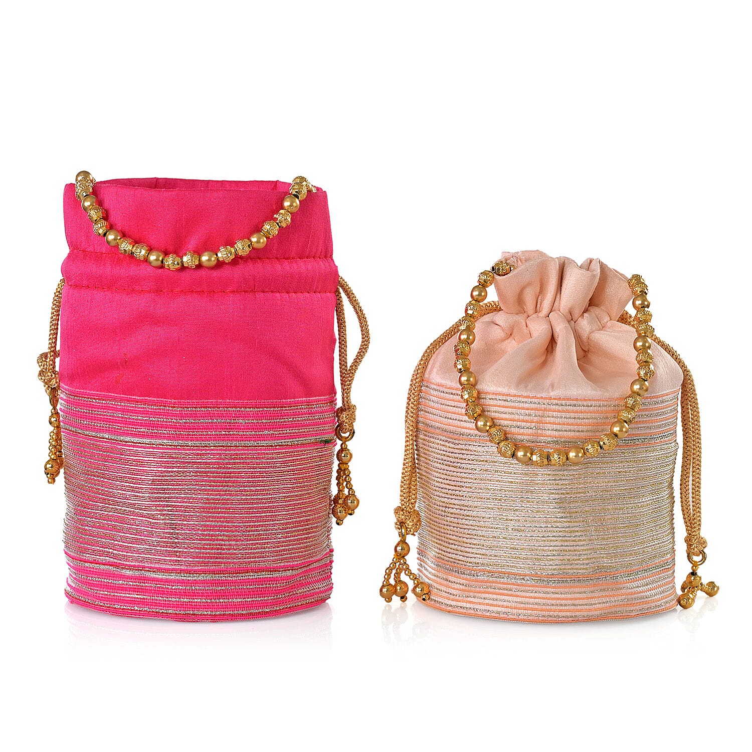 Livmore Fuchsia & Baby Pink Set of 2 Handcrafted Zardozi Work Potli Bag (5.1"x8.3")