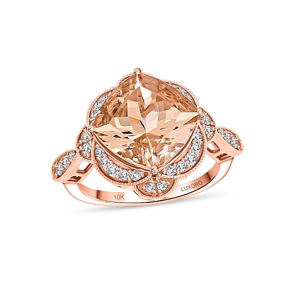 Luxoro AAA Marropino Morganite and G-H I2 Diamond 7.00 ctw Ring in 10K Rose Gold 4.74 Grams