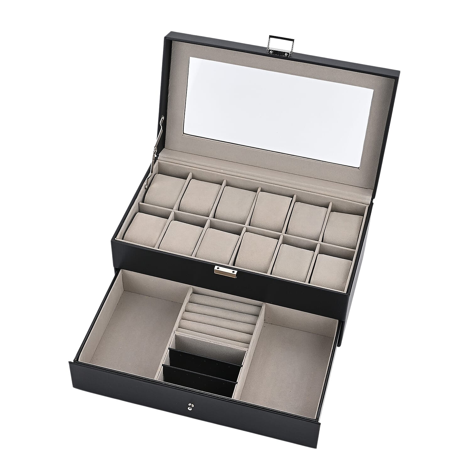 Livemore Black Faux Leather 2 Layer Watch Box with Glass Window