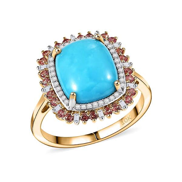 Luxoro 10K Yellow Gold Premium Sleeping Beauty Turquoise, Padparadscha Sapphire and Diamond (I2) (0.25 cts) Ring (Size 10.0) 5.20 ctw