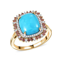 Luxoro 10K Yellow Gold Premium Sleeping Beauty Turquoise, Padparadscha Sapphire and Diamond (I2) (0.25 cts) Ring (Size 10.0) 5.20 ctw