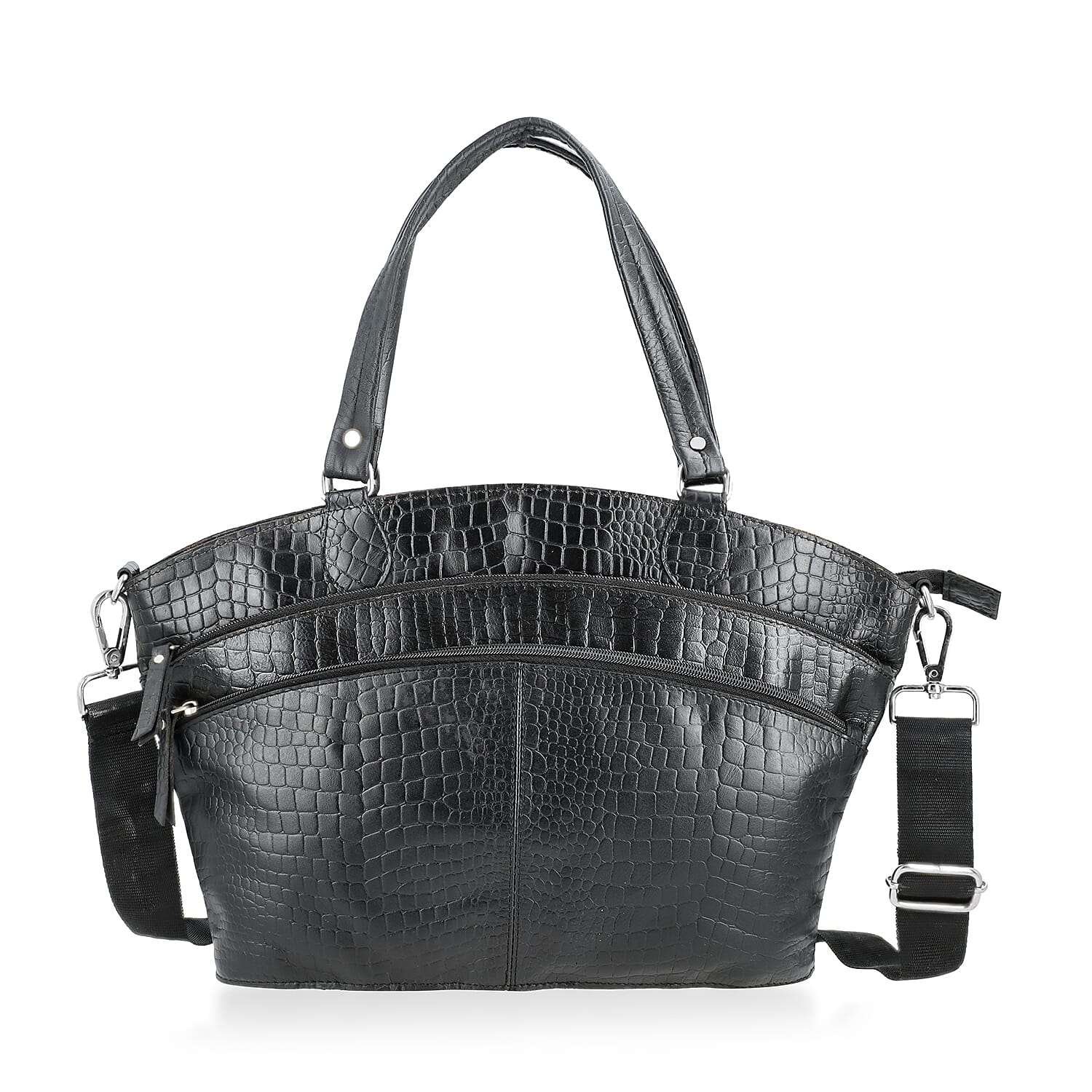 La Marey Black Genuine Leather Tote Bag with Front Two Zip Pocket (13.25"x10.25"x3")
