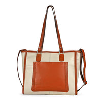 La Marey Beige & Tan Genuine Leather Tote Bag with Front Pocket (14.5"x12"x5.5")