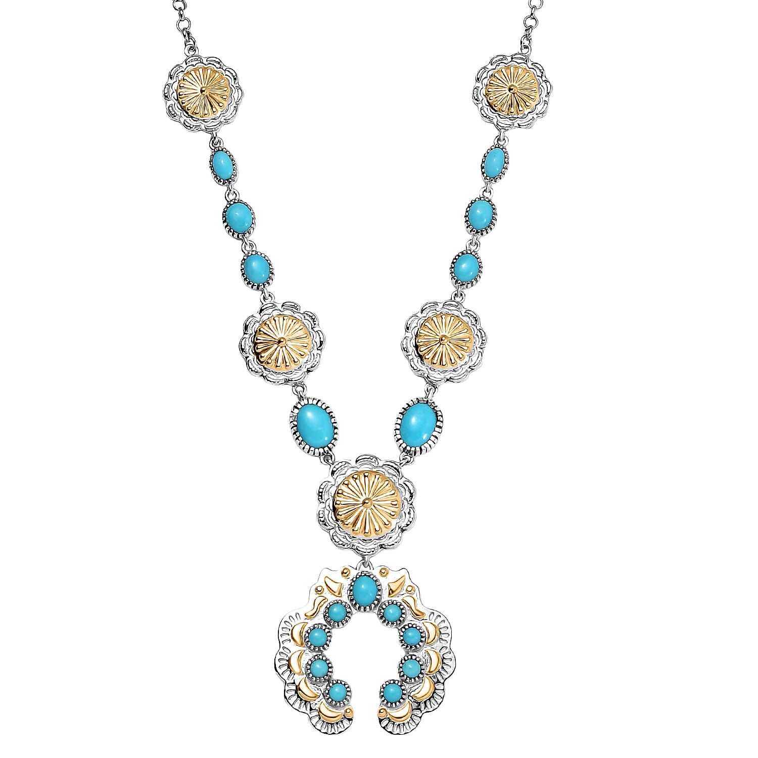 D'Joy Artisan Crafted Premium Sleeping Beauty Turquoise 5.20 ctw Squash Blossoms Necklace in 18K YG and Rhodium Over Sterling Silver 18 Inches