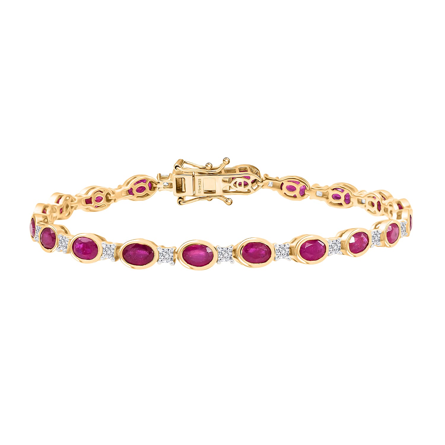 D'Joy African Ruby (FF) and Moissanite 14.00 ctw Bracelet in Rhodium and 18K Vermeil YG Over Sterling Silver (8.00 In)