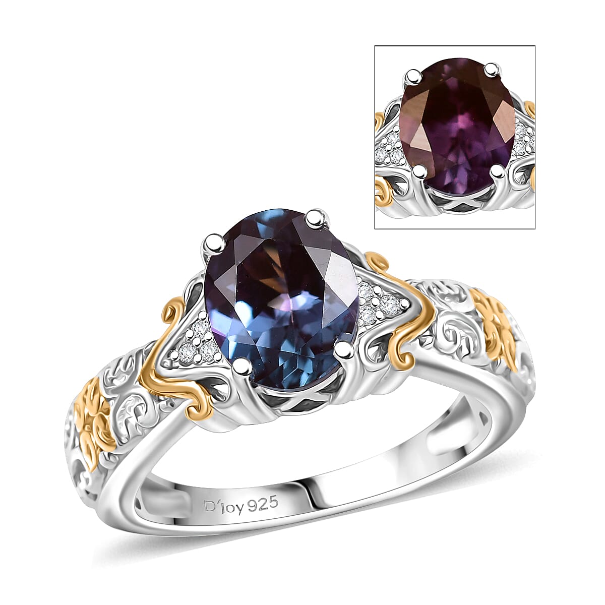 D'Joy Premium Lab Grown Alexandrite, Moissanite Ring in 18K Vermeil YG and Rhodium Over Sterling Silver (Size 10.0) 2.50 ctw
